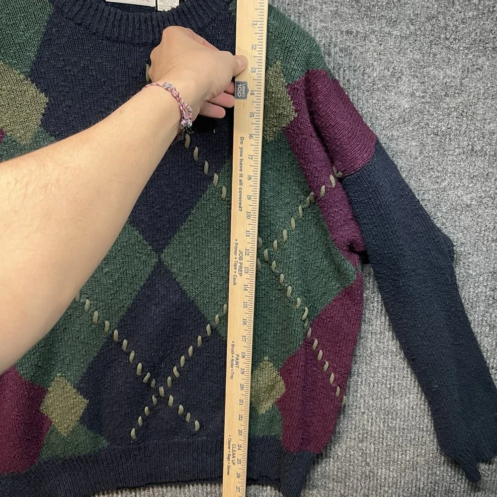 Vintage Claiborne Sweater Mens XL Navy Green Purple‎ Cotton Argyle Crewneck 90s